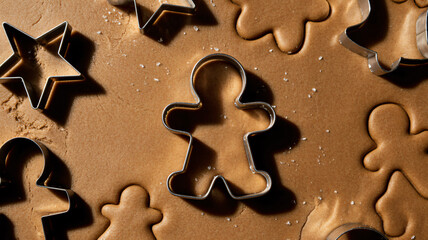 Festive gingerbread cookie dough with cutters ready for baking holidays, sweet treat fun for Christmas