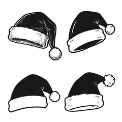 Set of four Santa hats in different shapes with fluffy brims and pom-poms. Santa hat, Christmas cap, holiday hat, festive hat, winter hat