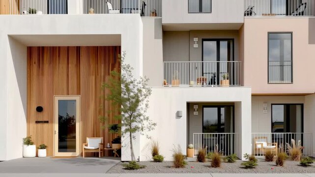 Modern residential entrance with a wooden portal finish and outdoor seating resolved in warm natural tones