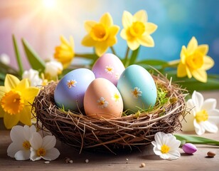 Obraz premium Pastel Easter Eggs in Nest with Daffodils and White Flowers.