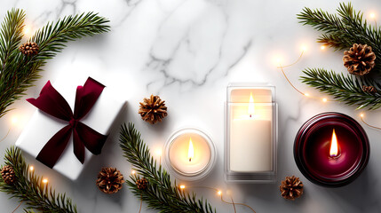Elegant Christmas gift box with festive pine branches, glowing candles, and warm fairy lights on a marble surface, perfect for holiday celebrations.