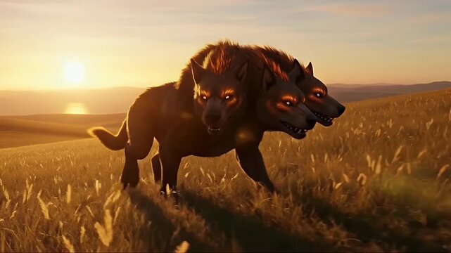 Mythical two headed creature running in a golden field at sunrise