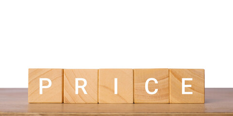 Wooden blocks with word price for cost and value concept, isolated on transparent background