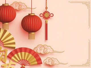 Chinese new year background with hanging red lanterns, traditional folding fans, auspicious clouds, and a decorative knot for festive celebrations