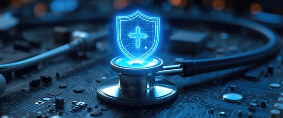 Secure digital healthcare with advanced cybersecurity shield protecting medical data. Modern technology ensures patient privacy and online safety for a reliable defense system.