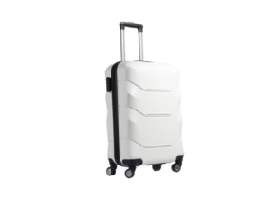 A sleek white hard-shell carry-on suitcase with four wheels and an extendable handle designed for travel convenience