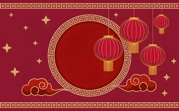 Festive chinese new year background with traditional red lanterns, golden clouds, and stars, featuring an ornate circular frame - Powered by Adobe