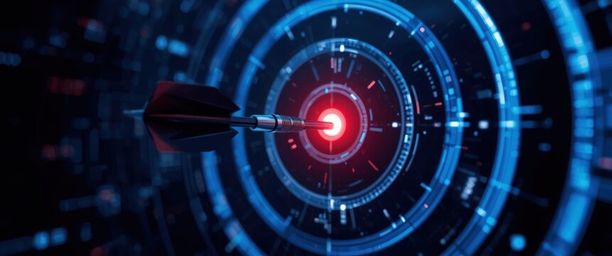 Achieve your goals with precision! This dart hitting the bullseye evokes success and strategic focus. Perfect for marketing, business analytics, and future tech.