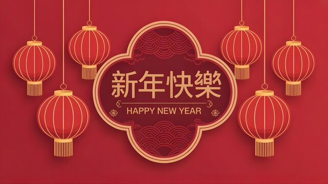 Happy new year greeting with traditional red lanterns and an ornate frame, celebrating chinese culture on a vibrant red background