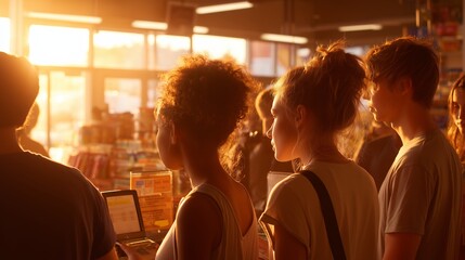 Group of friends waiting in line at a store during sunset