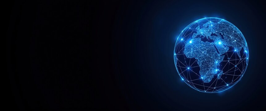 Visualize global connectivity with a digital network spanning continents. Perfect for showcasing worldwide collaboration, modern technology, and the future of communication.