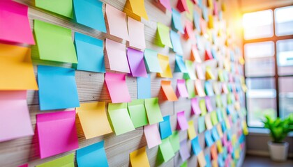 Colorful Sticky Note Arrangement on Wall for Creative Brainstorming and Planning. Ai Generated Images