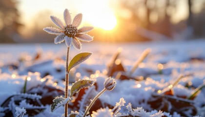 Delicate Frost Covered Wildflower Blooming at Sunrise Scenery in Winter. Ai Generated Images