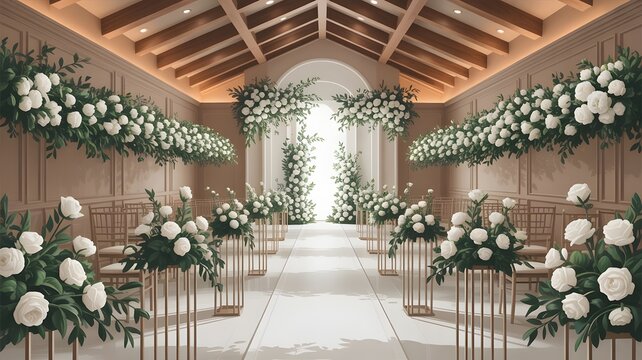 Elegant wedding hall adorned with white floral arrangements and green foliage, creating a romantic and sophisticated mood