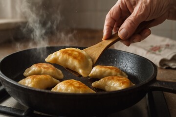 Low stove-level moment: golden pierogi flipped by an elder’s hand, flour dust and steam capture a lived-in, home cooking story