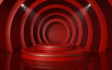 Obraz premium Red circular stage with concentric rings and spotlights, a luxurious modern backdrop for product display, awards, or event