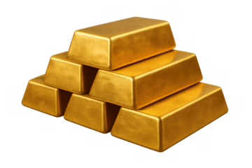 Gold bars stacked as a pyramid, symbolizing secure investment, finance, treasure, and global economy. Transparent background