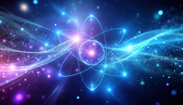 Futuristic Glowing Atom Structure Illustration with Particle Trails and Energy Fields. Ai Generated Images