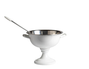 Elegant silver and white punch bowl with a ladle, designed for serving beverages at gatherings or special events