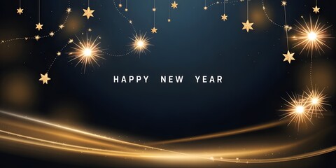 Happy new year festive background with sparkling golden stars, glowing light trails, and bright fireworks on a dark blue backdrop