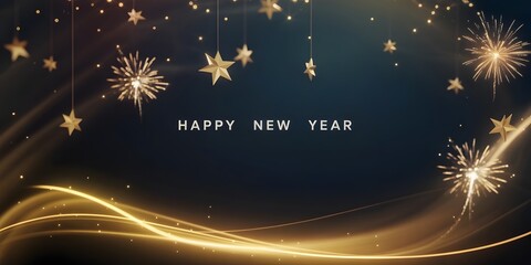 Happy new year festive background with golden stars, sparkling fireworks, and elegant light trails on a dark blue backdrop