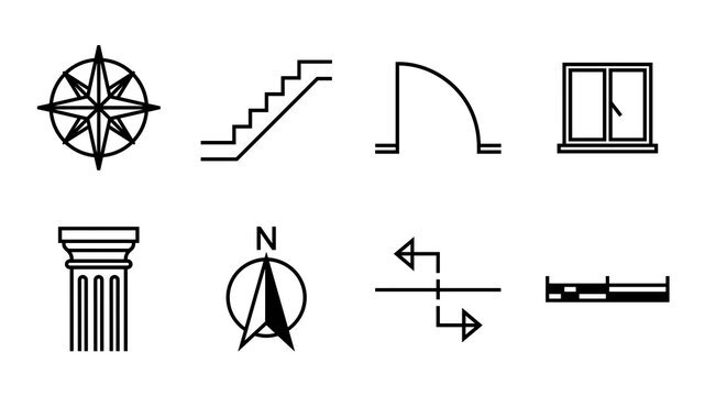 A collection of black and white line art icons representing common architectural elements like a compass rose, staircase, door swing, window, column, north arrow, dimension line, and scale bar for tec