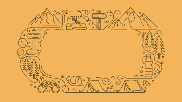 Outline frame border design with hiking and camping elements like mountains, boot, signpost, tent, tree, and water bottle for outdoor adventure