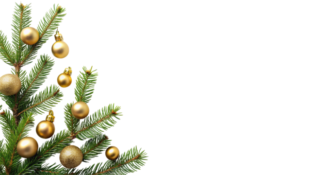 Close up of a decorated christmas tree branch with golden ornaments on a black background