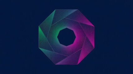 Abstract geometric shape with swirling lines and gradient colors on dark background