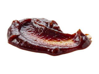 A close up of a dollop of thick dark red jam on a white plate. isolated on transparent background
