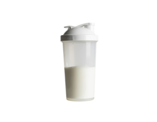 A shaker bottle filled with a creamy beverage and a secure lid designed for mixing powders and liquids