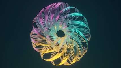 Abstract swirling fractal form with vibrant rainbow colors on dark background