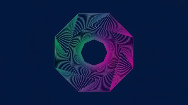 Abstract geometric shape with swirling lines and gradient colors on dark background