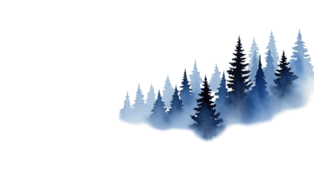 Japanese sumi-e style watercolor of silhouetted fir trees in a misty blue fog on a textured white paper background. Concept of tranquility and minimalism
