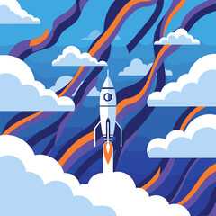 Rocket Launching Through Clouds into a Vibrant Wavy Sky - Flat Design Illustration