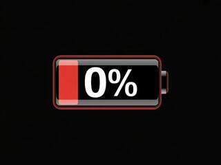 Zero percent battery icon shows need for recharge, conveying urgency, power outage, or depletion in an emergency situation now