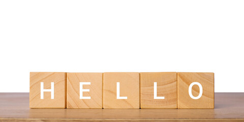 Wooden blocks with word hello for greeting and communication concept, isolated on transparent background