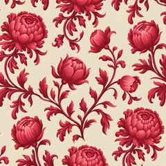 Vintage red floral seamless pattern with intricate peonies, buds, and scrolling leaves on a light beige background