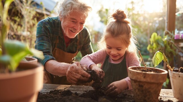 Elderly man and young girl joyfully gardening together in a sunlit greenhouse