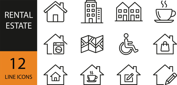 Rental estate line icon set featuring homes, apartments, amenities, accessibility, maps, and property features for modern real estate design
