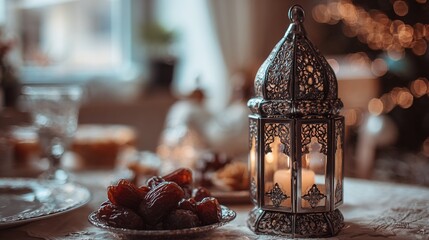 Ornate lantern and dates on a table with blurred background creating a festive atmosphere indoors. High quality