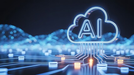 Glowing ai cloud symbol connected to futuristic digital network