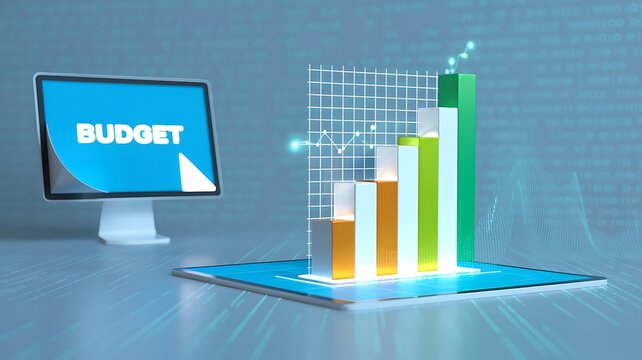 Digital budget planning with rising financial charts and data visualization
