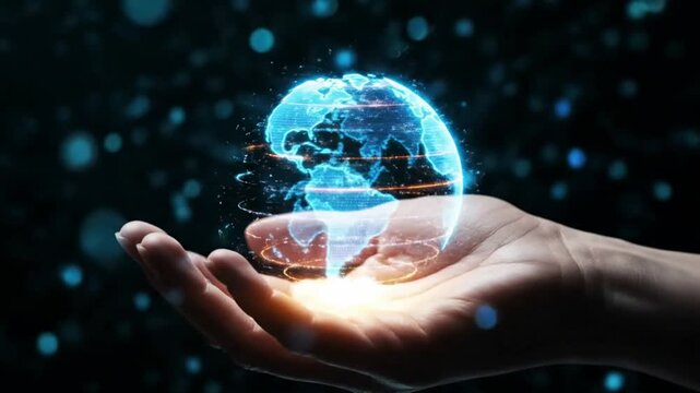 Hand holding glowing digital earth globe hologram with network connections in dark background - Powered by Adobe