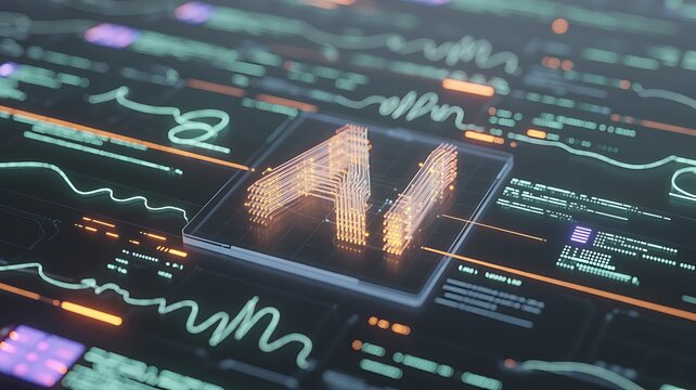 Glowing ai chip on a futuristic digital circuit board with data streams
