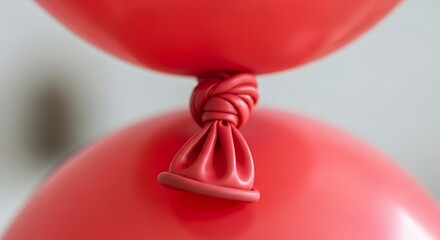 Two bright red balloons tied together with a tightly knotted rubber stem creating a unique visual connection