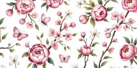 Seamless pattern of watercolor pink peonies, cherry blossoms, and butterflies, delicate floral design isolated on white background