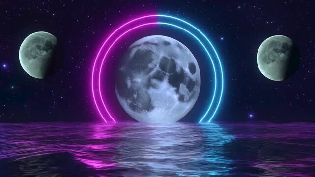 Full and New moon phases on a starry sky and water waves bright neon rays, vibrant shine with neon glow around the moon. Screensaver for advertising and space for products. Full moon party background