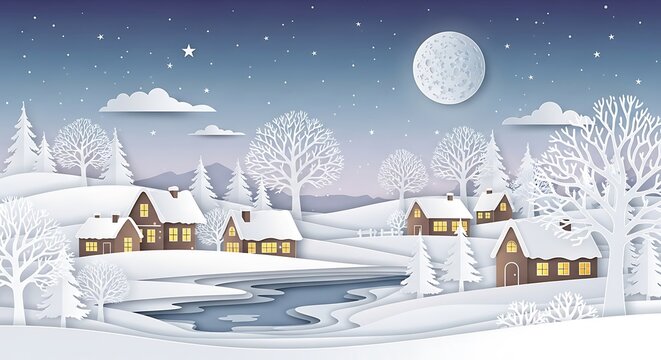 Cozy winter village scene with snow falling under a full moon and starry sky
