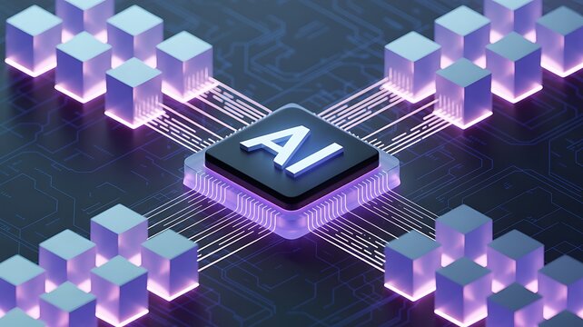 Central ai processor with glowing connections and surrounding data blocks